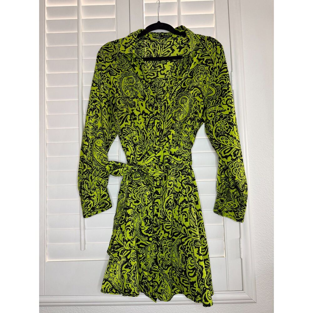 ZARA Lime Green & Black Paisley Print Long Sleeve Wrap-Style Dress - L